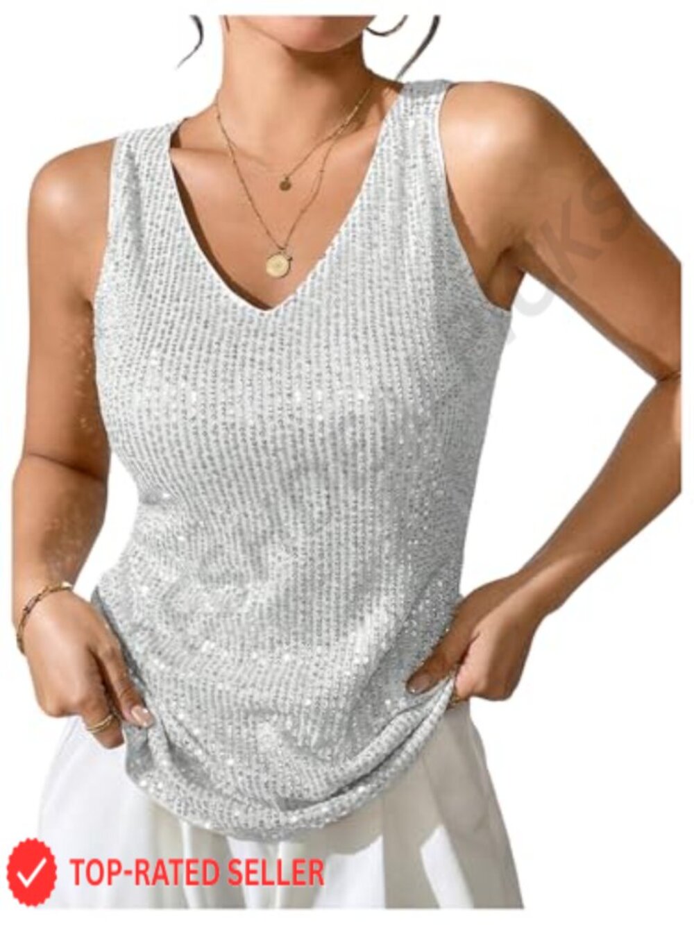 Sequin V Neck Sparkly Glitter Party Tank Top Sleeveless Shimmer
